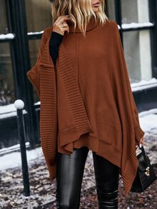 Turtleneck Batwing Sleeve Asymmetrical Hem Sweater - Rust Brown - View 3