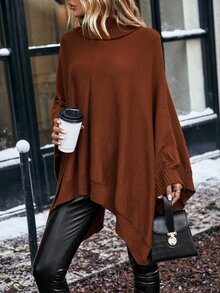 Turtleneck Batwing Sleeve Asymmetrical Hem Sweater - Rust Brown - View 6