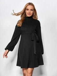 SHEIN 孕婦高領燈籠袖繫腰帶洋裝