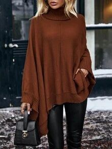 Turtleneck Batwing Sleeve Asymmetrical Hem Sweater - Rust Brown - View 4