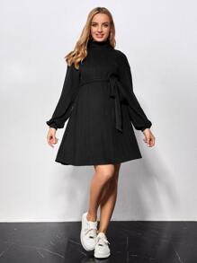 SHEIN 孕婦高領燈籠袖繫腰帶洋裝