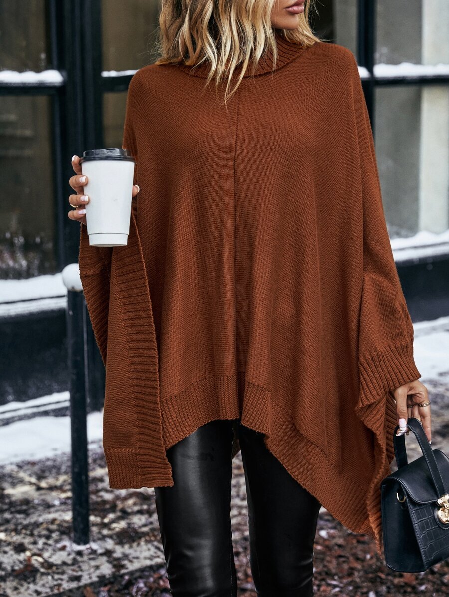 Turtleneck Batwing Sleeve Asymmetrical Hem Sweater - Rust Brown - View 1