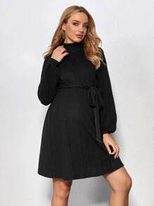 SHEIN 孕婦高領燈籠袖繫腰帶洋裝