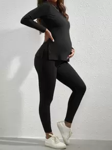 SHEIN Maternity Ribbed Knit Tee & Adjustable Waist Leggings - Black - View 1