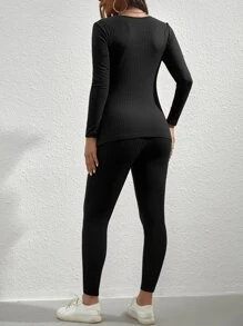 SHEIN Maternity Ribbed Knit Tee & Adjustable Waist Leggings - Black - View 2