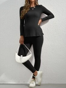 SHEIN Maternity Ribbed Knit Tee & Adjustable Waist Leggings - Black - View 6