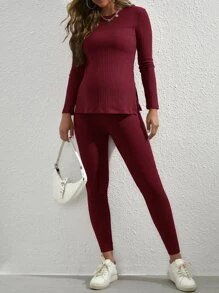 SHEIN Maternity Ribbed Knit Long Sleeve Tee & Adjustable Waist Leggings - Burgundy - View 5