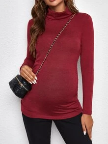 SHEIN Maternity Turtle Neck Top - Burgundy - View 3
