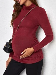 SHEIN Maternity Turtle Neck Top - Burgundy - View 4