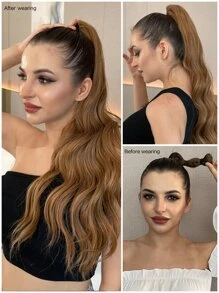 22英寸长合成波浪卷曲马尾假发，带爪夹，波浪卷曲马尾，女士适用，适合派对和日常佩戴 - 棕色 - 查看 4