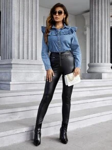 Ruffle Trim Denim Shirt - Medium Wash - View 3