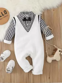 SHEIN Baby Boy Gingham Print Striped Trim 2 In 1 Jumpsuit - Black and White - View 1