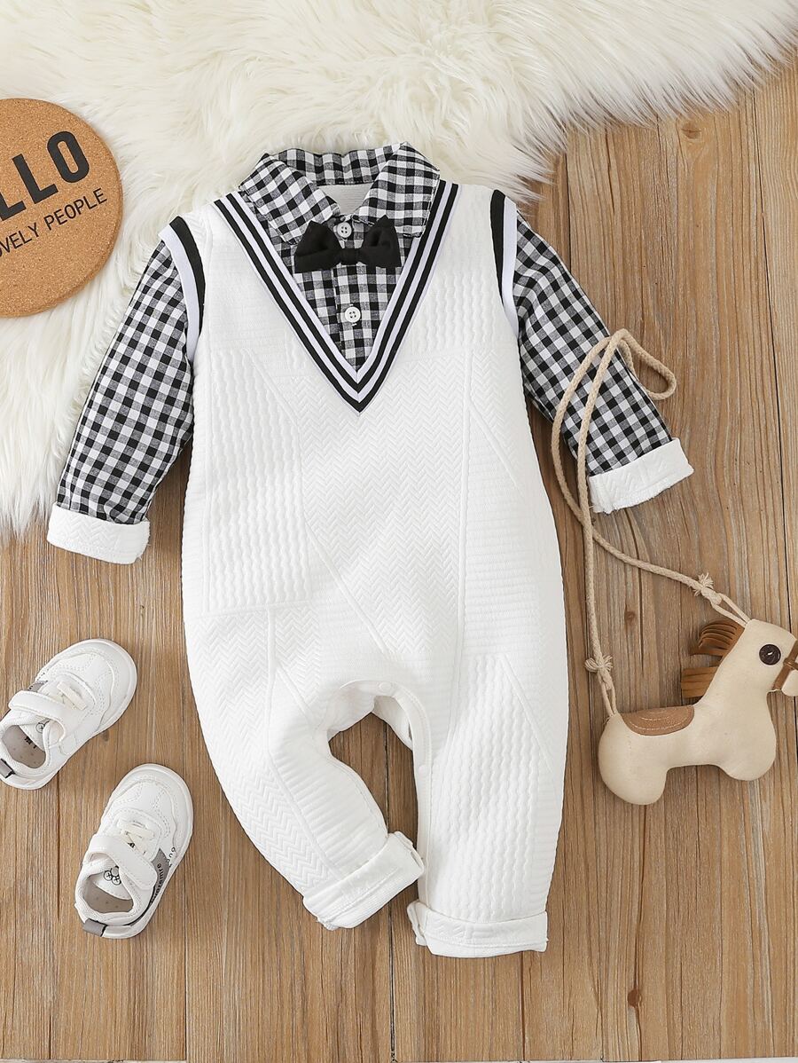 SHEIN Baby Boy Gingham Print Striped Trim 2 In 1 Jumpsuit - Black and White - View 1