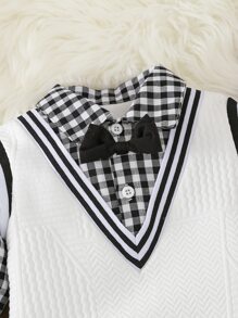 SHEIN Baby Boy Gingham Print Striped Trim 2 In 1 Jumpsuit - Black and White - View 3