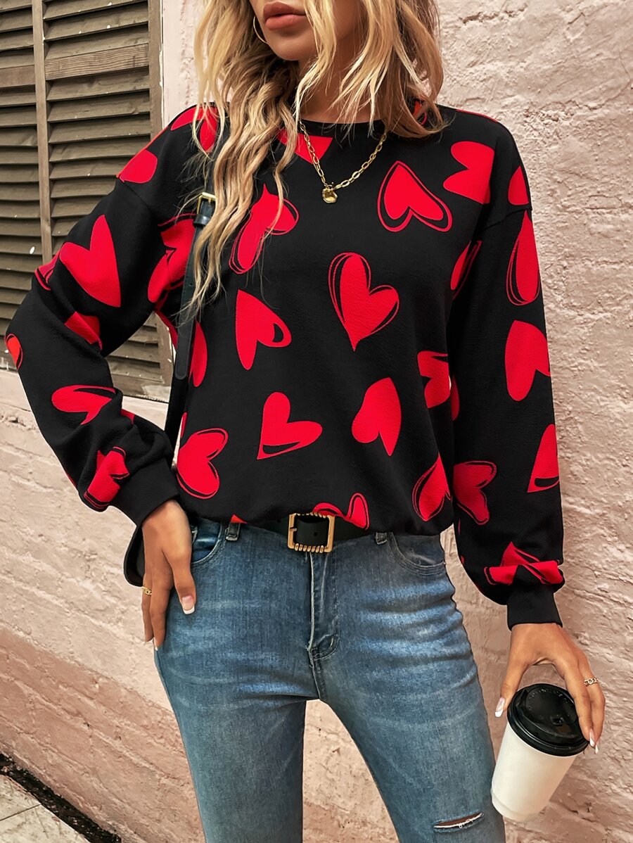 SHEIN LUNE Allover Heart Print Drop Shoulder Sweatshirt Graduation,Back To School,Graduation,Teacher For Women,Back To School Pullover Fall Sweatshirt - Black - View 1