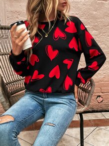 SHEIN LUNE Allover Heart Print Drop Shoulder Sweatshirt Graduation,Back To School,Graduation,Teacher For Women,Back To School Pullover Fall Sweatshirt - Black - View 3