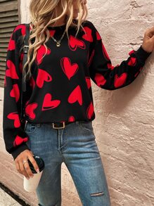 SHEIN LUNE Allover Heart Print Drop Shoulder Sweatshirt Graduation,Back To School,Graduation,Teacher For Women,Back To School Pullover Fall Sweatshirt - Black - View 4