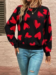 SHEIN LUNE Allover Heart Print Drop Shoulder Sweatshirt Graduation,Back To School,Graduation,Teacher For Women,Back To School Pullover Fall Sweatshirt - Black - View 5