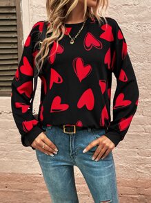 SHEIN LUNE Allover Heart Print Drop Shoulder Sweatshirt Graduation,Back To School,Graduation,Teacher For Women,Back To School Pullover Fall Sweatshirt - Black - View 6