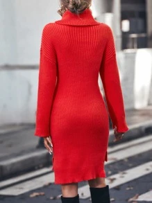 Turtleneck Drop Shoulder High Low Hem Jumper Dress - Red - View 2
