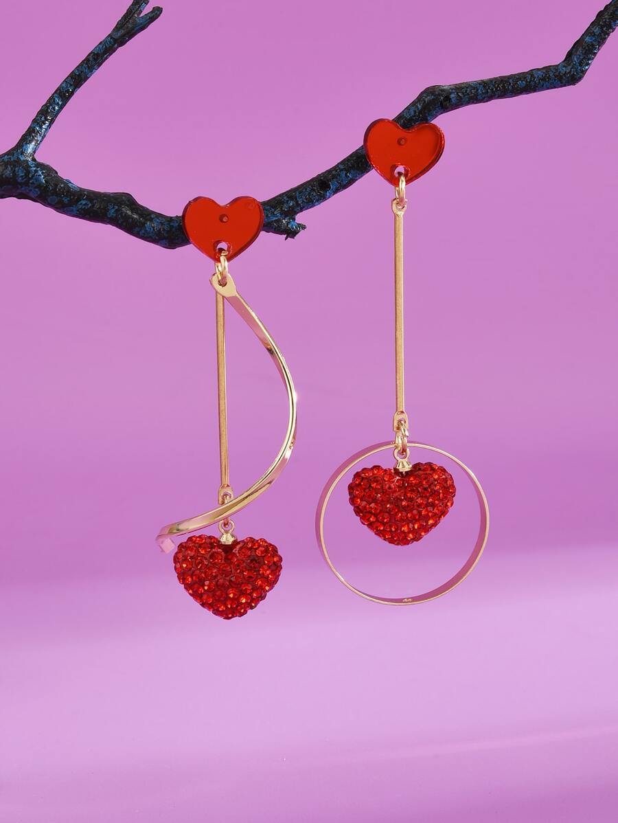 1 对水钻心形奢华优雅耳环，送给朋友和爱人的情人节礼物 - 紅色 - 查看 1