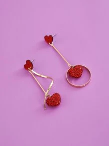 1 对水钻心形奢华优雅耳环，送给朋友和爱人的情人节礼物 - 紅色 - 查看 2