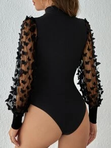 SHEIN Privé Mock Neck Contrast Mesh Appliques Bodysuit - Black - View 4