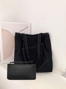 2pcs Stitch Detail Shopper Bag With Square Bag - Black - View 1