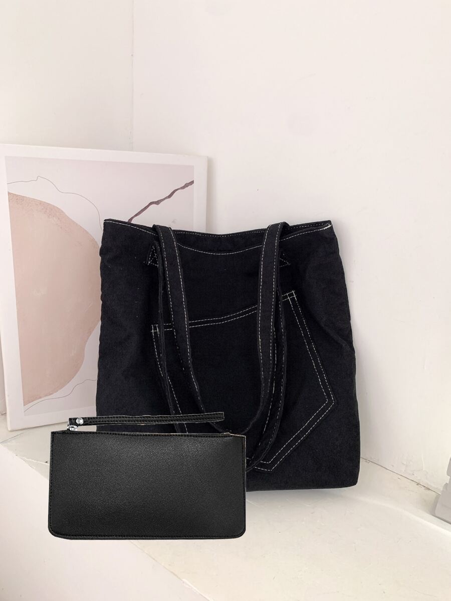 2pcs Stitch Detail Shopper Bag With Square Bag - Black - View 1