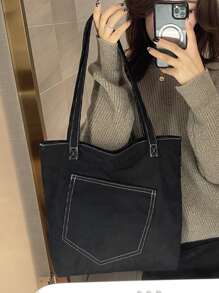 2pcs Stitch Detail Shopper Bag With Square Bag - Black - View 2