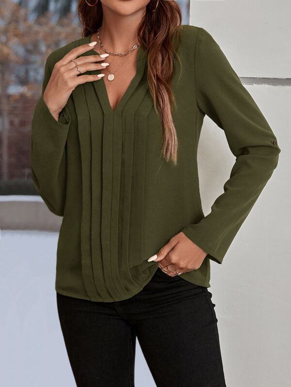 Notched Neck Plicated Detail Roll Tab Sleeve Blouse SHEIN USA