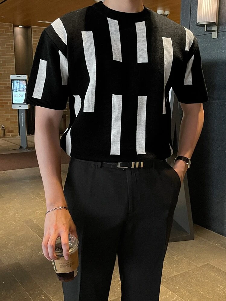 DAZY Men Geo Pattern Knit Top - Black - View 3