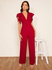 Silquee Plunge Neck Butterfly Sleeve Jumpsuit - Burgundy - View 3