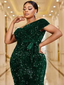 YISIKADO Plus Off Shoulder Belted Sequin Dress - Dark Green - View 6