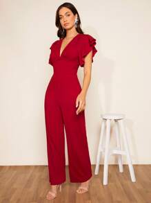 Silquee Plunge Neck Butterfly Sleeve Jumpsuit - Burgundy - View 5