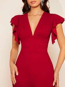 Silquee Plunge Neck Butterfly Sleeve Jumpsuit - Burgundy - View 6