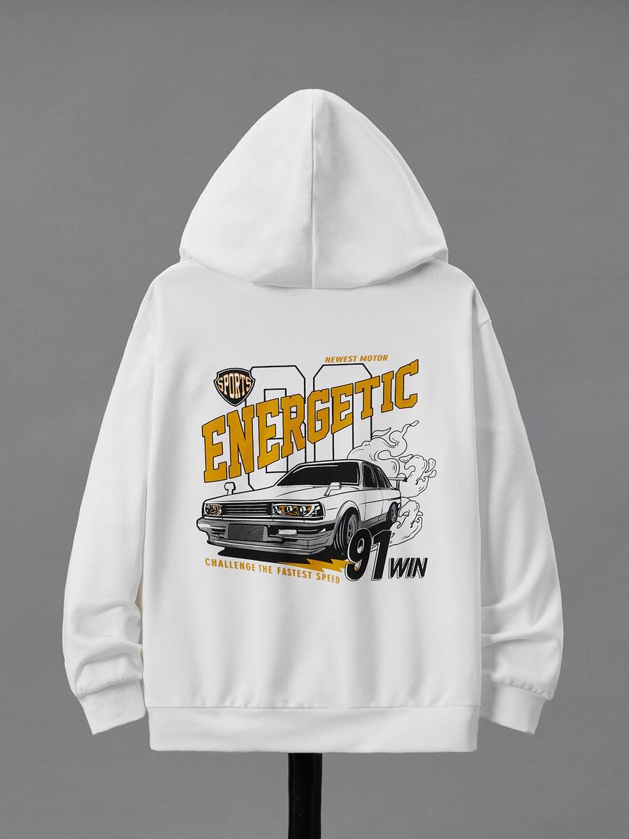 SHEIN 男孩汽車和標語圖案連帽衫