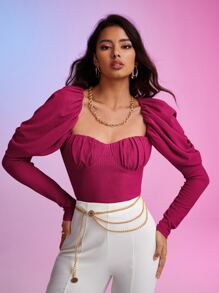 SHEIN Privé Blusa escote corazón de manga gigot pecho con fruncido - Rosa Fucsia - Ver 1