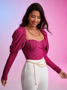 SHEIN Privé Blusa escote corazón de manga gigot pecho con fruncido - Rosa Fucsia - Ver 5