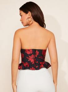 SHEIN BAE Top bandeau floral jacquard bajo con fruncido - Multicolor - Ver 2