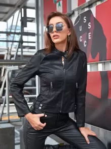 Apperloth A Zip Detail PU Leather Biker Jacket - Black - View 1