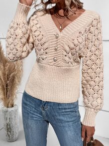 SHEIN LUNE Jersey de punto de malla de manga farol - Beis - Ver 5