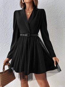 EMERY ROSE 西裝領網紗邊繫腰帶連衣裙 - 黑色 - 查看 3