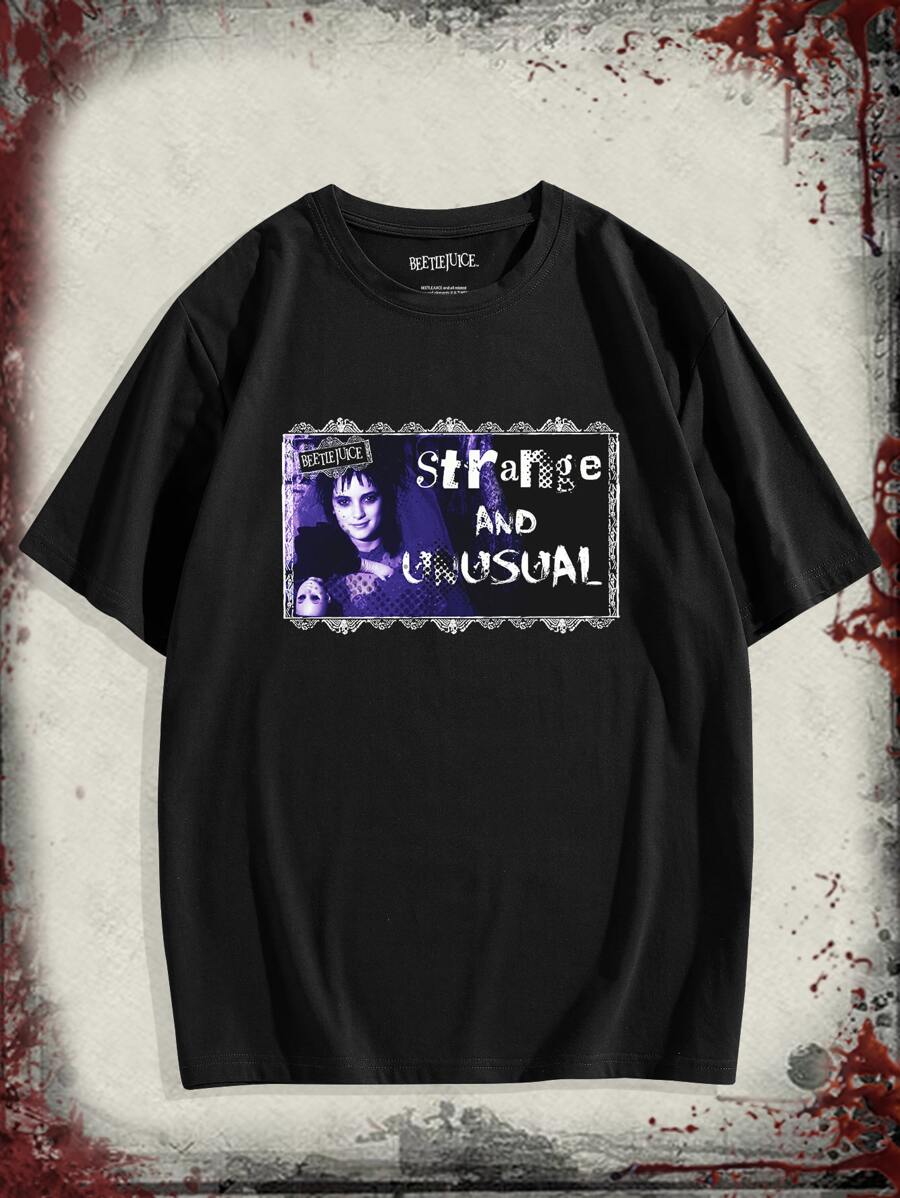 ROMWE MEN WB Horror | ROMWE Guys Figure And Slogan Graphic Tee - Black - View 1