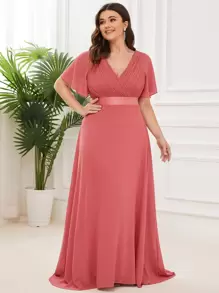 EVERPRETTY Plus Size Elegant V-Neck Ruched Formal Bridesmaid Dress - Watermelon Pink - View 4