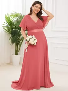 EVERPRETTY Plus Size Elegant V-Neck Ruched Formal Bridesmaid Dress - Watermelon Pink - View 5