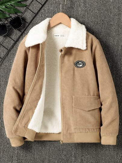 SHEIN Tween Boy Lapp med text detalj Borg Collar Teddyfodrad Jackor