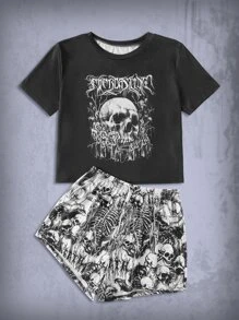 ROMWE Goth Letter Skull Graphic Pajama Set - Black and White - View 1