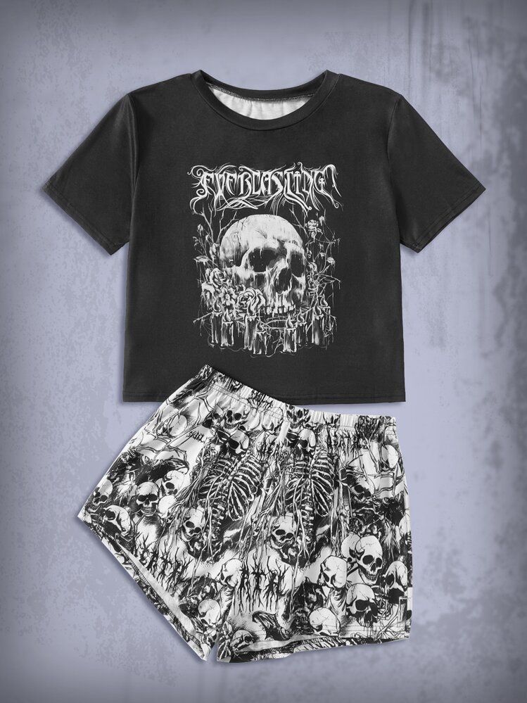 ROMWE Goth Conjunto De Pijama Con Gráficos De Calavera Y Letra - Blanco y Negro - Añade 1