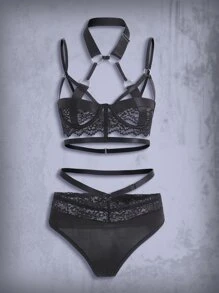 ROMWE Goth Conjunto De Lencería Con Encaje Floral Y Anillos Entrelazados - Negro - Ver 1